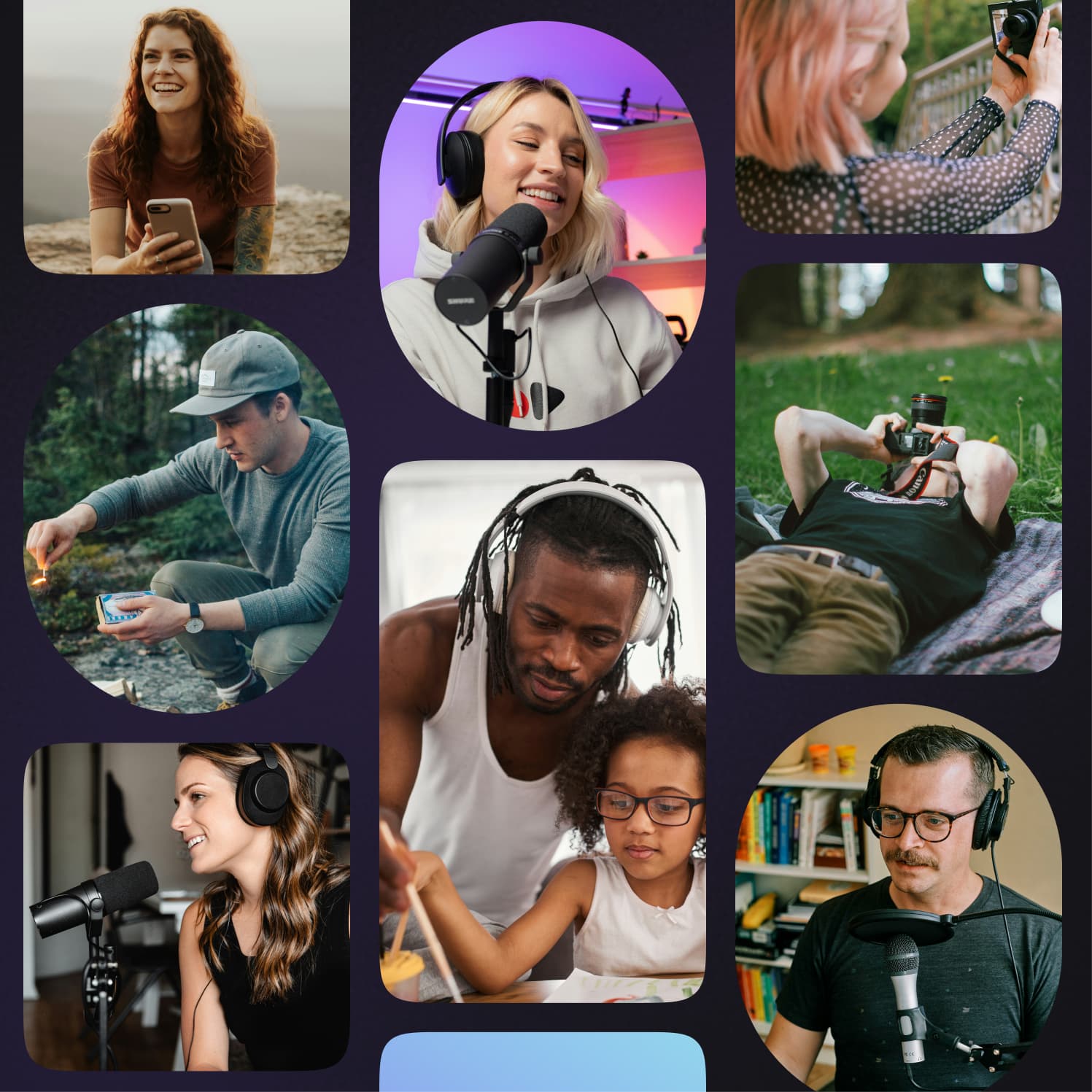 A diverse group of content creators collaborating in a modern studio environment
